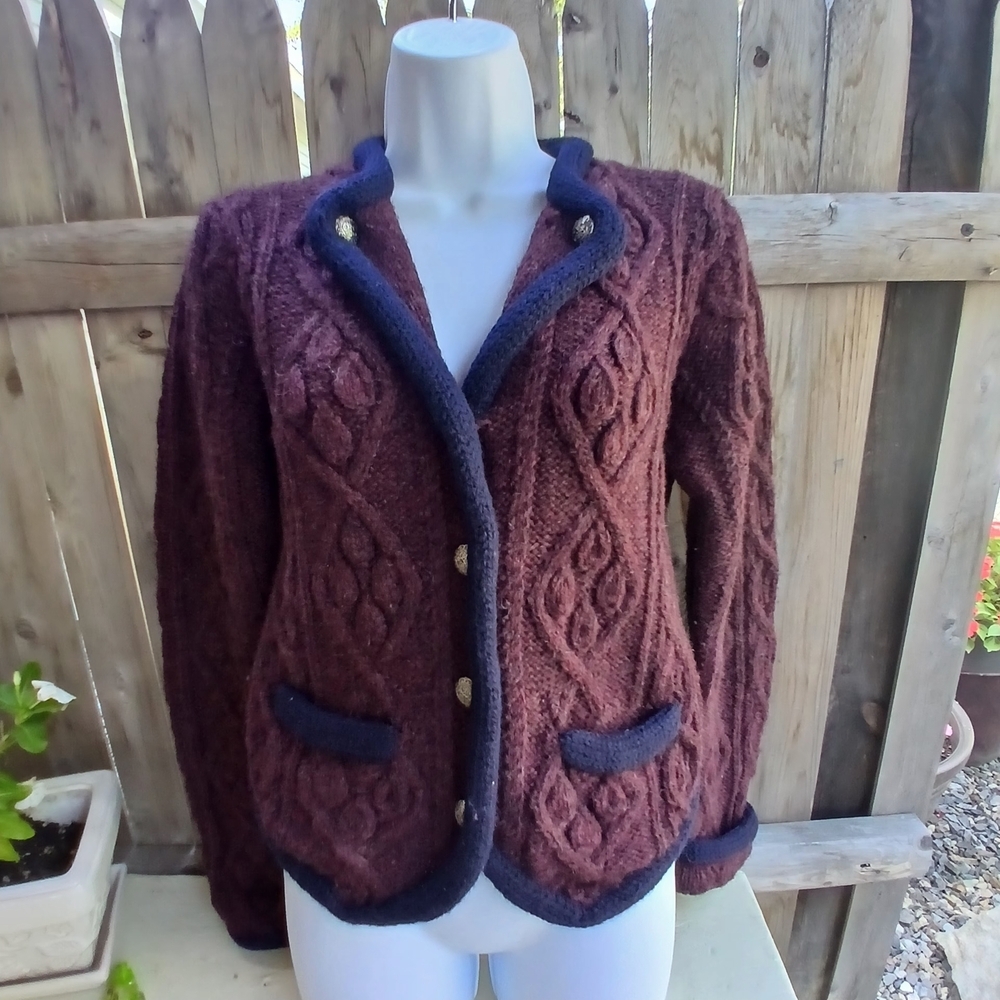 Lands' End Maroon 100% Shetland Wool Cable Knit Cardigan Sweater Sz S